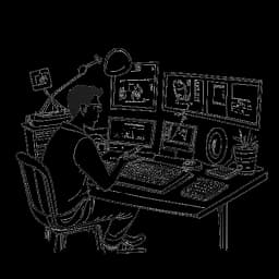 Strichzeichnung eines Mannes, der Marti Fischer beim Erstellen von Inhalten an einem Computer darstellt, umgeben von Videovorschaubildern und musikalischen Elementen.