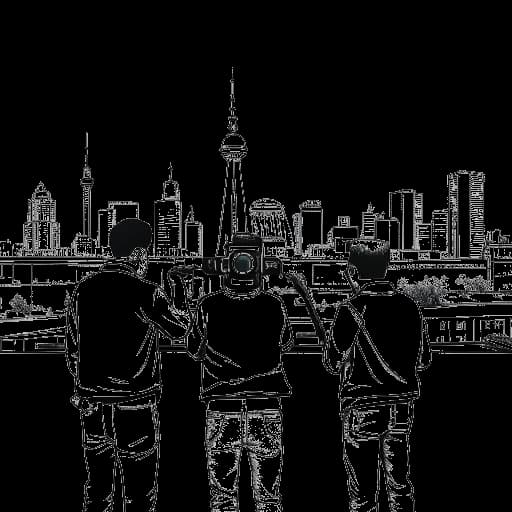 Strichzeichnung von drei Männern, die Marti Fischer, Rick von den Space Frogs und mapamund1 darstellen, die Kameras halten, mit einer Berliner Skyline im Hintergrund