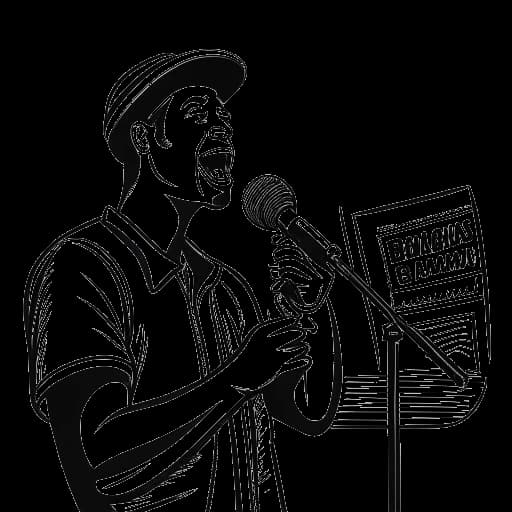 Strichzeichnung eines Mannes, der Marti Fischer darstellt, der ein Mikrofon hält, mit einer Bongotrommel und einem Boulevard-Schild im Hintergrund