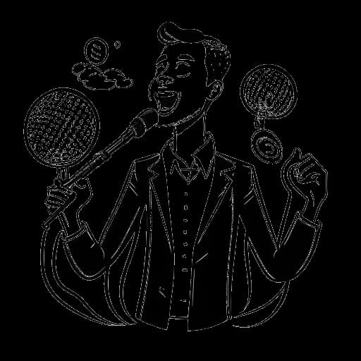 Strichzeichnung eines Mannes, der Marti Fischer darstellt, der ein Mikrofon hält, mit verschiedenen Sprechblasen, die verschiedene Stimmen und Geräusche darstellen, um ihn herum