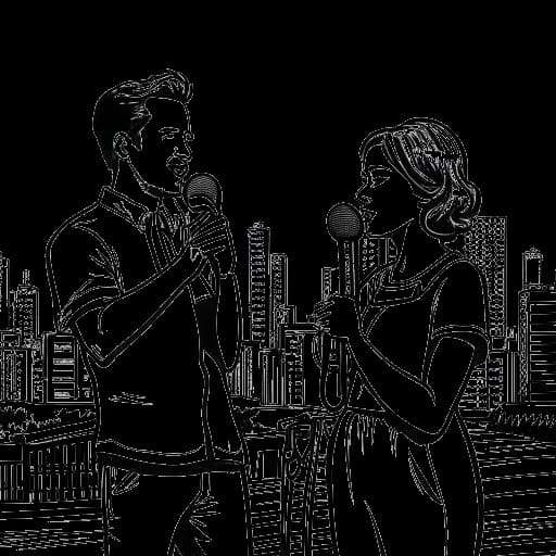 Strichzeichnung eines Mannes und einer Frau, die Marti Fischer und Jacqueline Feldmann darstellen, die Mikrofone halten, mit einer Berliner Skyline im Hintergrund