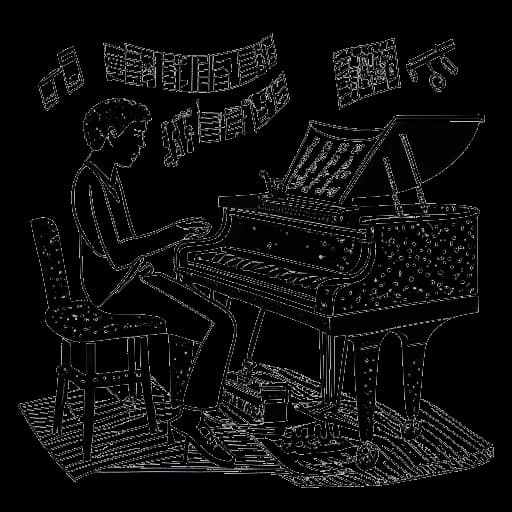 Strichzeichnung eines Teenagers, der Marti Fischer darstellt, der gleichzeitig Klavier und Gitarre spielt, mit Jazznoten im Hintergrund