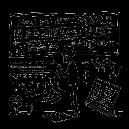 Strichzeichnung eines Mannes, der Marti Fischer darstellt, der eine Tafel mit Musikstrukturen und Gleichungen hält