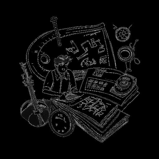 Strichzeichnung eines Mannes, der Marti Fischer darstellt, der ein Notizbuch und einen Stift hält, mit verschiedenen Musikinstrumenten und einer Stoppuhr im Hintergrund