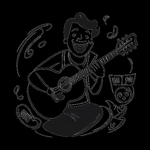 Strichzeichnung eines Mannes, der Marti Fischer darstellt, der eine Gitarre und einen YouTube-Play-Button hält, mit Lachsymbolen im Hintergrund