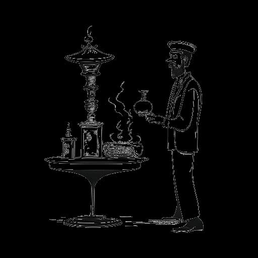 Strichzeichnung eines Mannes, der KC Rebell darstellt, der vor seiner beliebten Shisha-Bar, dem Rebell Lounge, steht.