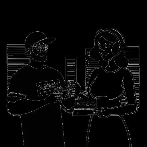 Strichzeichnung eines Mannes, der Manny Marc repräsentiert, und hält eine Bassboxxx-Schallplattenlabel-Plakette mit Frauenarzt und der Berliner Skyline.