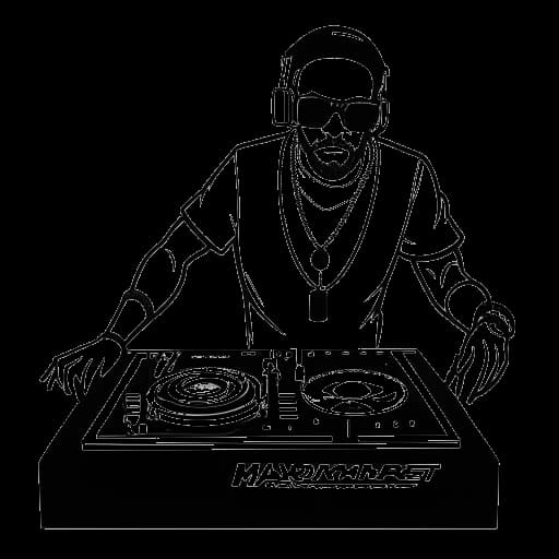Strichzeichnung eines Mannes, der Manny Marc repräsentiert, als DJ auf Frauenarzts Tour auflegt.