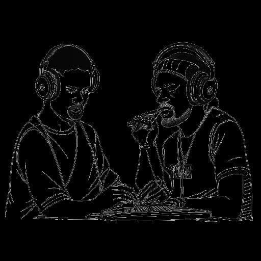 Strichzeichnung zweier Männer, die Manny Marc und Gringo repräsentieren, bei der Zusammenarbeit an Musik.