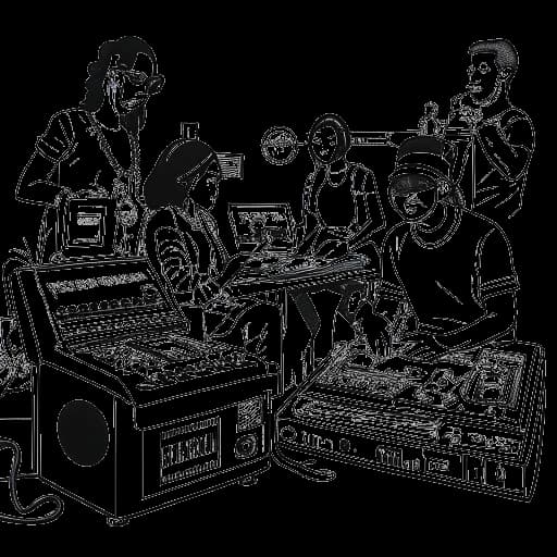 Strichzeichnung eines Mannes, der Manny Marc repräsentiert, bei der Musikproduktion mit Frauenarzt und DJ Korx.