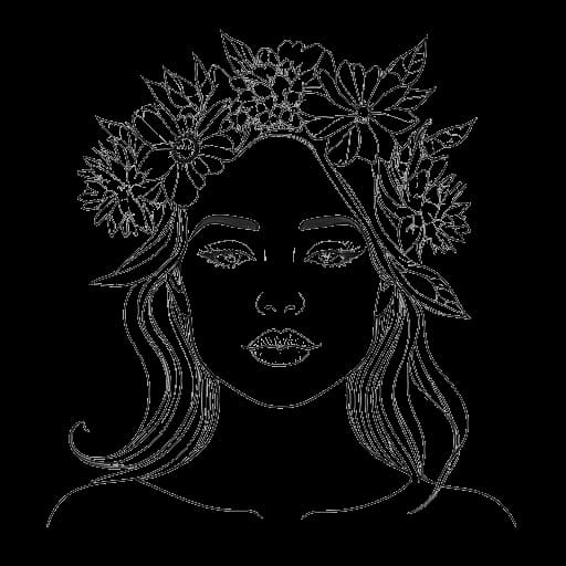 Lijntekening van een vrouw, voorstellende Gabriela, die een kroon van bloemen draagt als schoonheidsicoon op een witte achtergrond.
