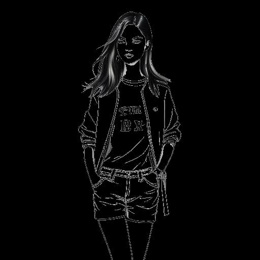 Lijntekening van een vrouw, Gabriela voorstellend, die kleding showt met merklogo's op de achtergrond op een witte achtergrond.