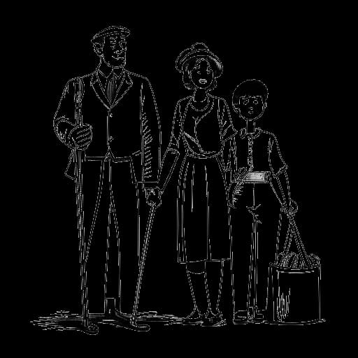 Lijntekening van een vrouw, Gabriela voorstellend, omringd door symbolen van familiale welvaart, met haar moeder die een bezem vasthoudt en haar vader die een aktetas vasthoudt op een witte achtergrond.