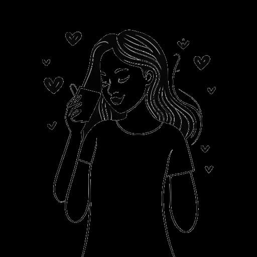 Lijntekening van een vrouw, Gabriela voorstellend, die een smartphone vasthoudt met TikTok-hartjes om haar heen op een witte achtergrond.