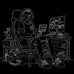 Dessin d'un homme, représentant Xavier Woods, immergé dans le jeu vidéo avec des écouteurs, entouré de consoles, évoquant sa chaîne de jeu vidéo à succès.