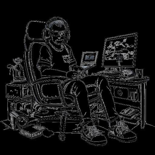 Dessin d'un homme, représentant Xavier Woods, immergé dans le jeu vidéo avec des écouteurs, entouré de consoles, évoquant sa chaîne de jeu vidéo à succès.
