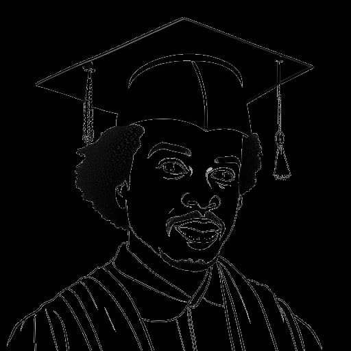 Line art drawing of a man representing Xavier Woods wearing a graduation cap and holding a diploma, indicating his psychology and philosophy degrees, against a white backdrop.