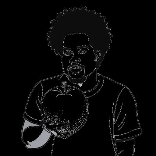 Line art drawing of a man representing Xavier Woods holding a peach, Georgia's symbol, against a white backdrop.