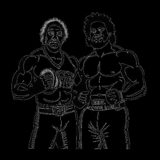 Line art drawing of two men representing Xavier Woods and Hayden Young with a tag team wrestling champion's belt, set against a white backdrop.