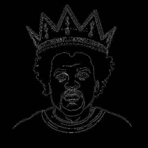Line art drawing of a man representing Xavier Woods with a crown and a scepter, known as King Woods after his 2021 victory, against a white backdrop.
