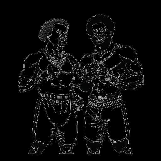 Line art drawing of two men representing Xavier Woods and Kofi Kingston with an NXT tag team championship belt, documented against a white backdrop.