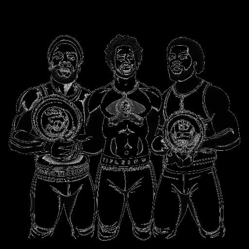 Line art drawing of three men representing Xavier Woods, Big E, and Kofi Kingston holding multiple wrestling championship belts against a white backdrop.