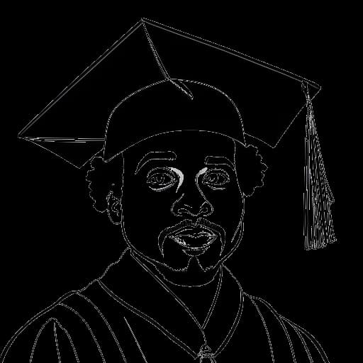 Line art drawing of a man representing Xavier Woods in a graduation cap holding a diploma, emphasizing his pursuit of an educational psychology Ph.D., against a white backdrop.