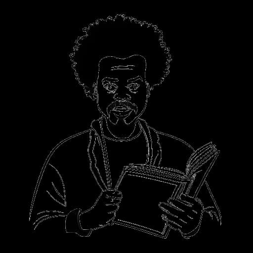Line art drawing of a man representing Xavier Woods holding 'The Book of Booty', co-written with New Day members, against a white backdrop.