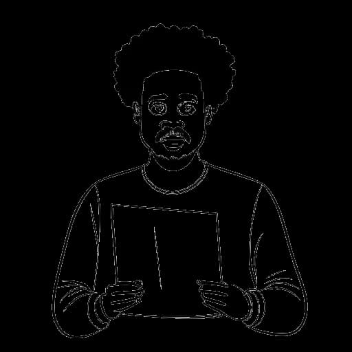 Line art drawing of a man representing Xavier Woods with a résumé and a cover letter, signalling his proactive approach to getting into WWE, set against a white backdrop.