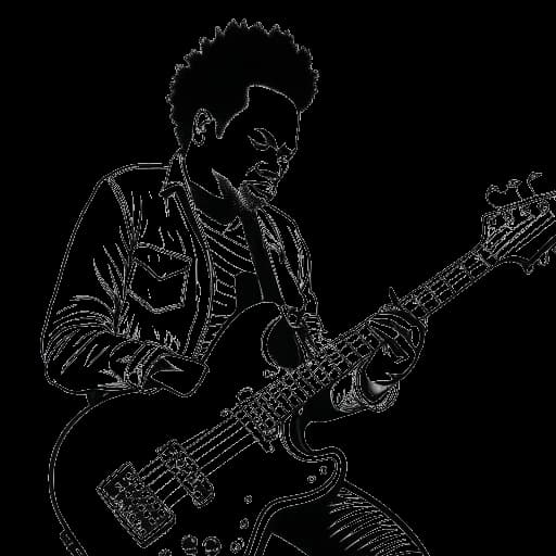 Line art drawing of a man representing Xavier Woods playing an electric bass, illustrating his dedication to mastering it, on a white backdrop.