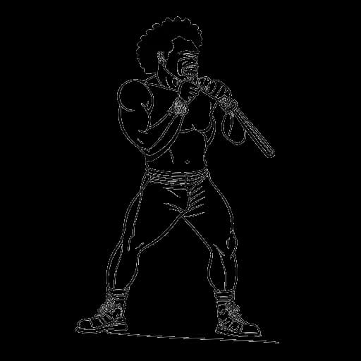 Line art drawing of a man representing Xavier Woods playing the trombone in a wrestling ring, combining his musical talent with his wrestling persona, all against a white backdrop.