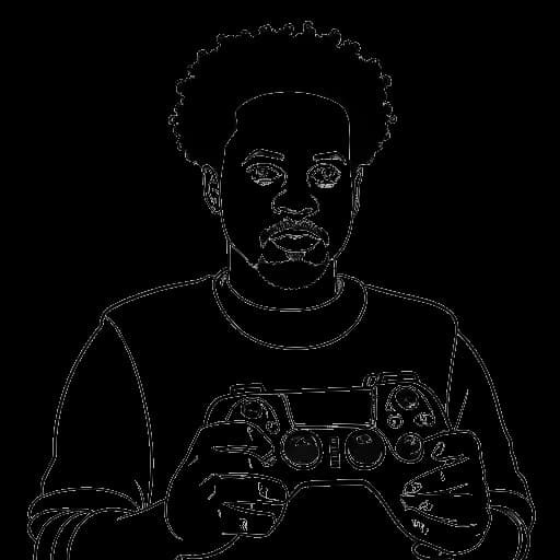 Line art drawing of a man representing Xavier Woods holding a video game controller, symbolizing his Guinness world record YouTube channel, on a white background.