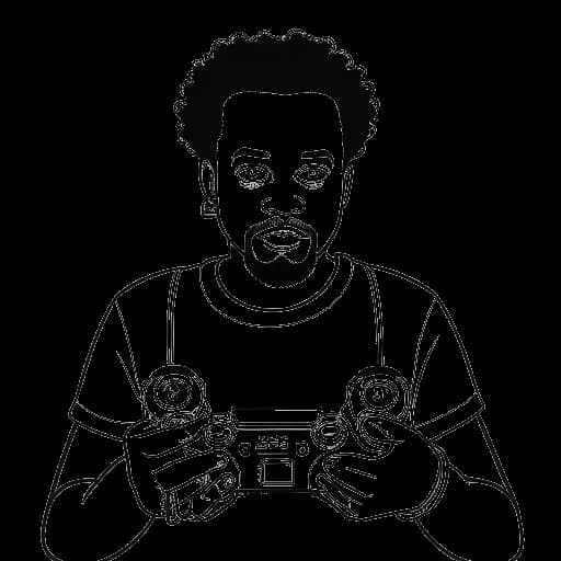 Line art drawing of a man representing Xavier Woods with various gaming controllers, marking his appearance in TNA and WWE game titles, set on a white background.