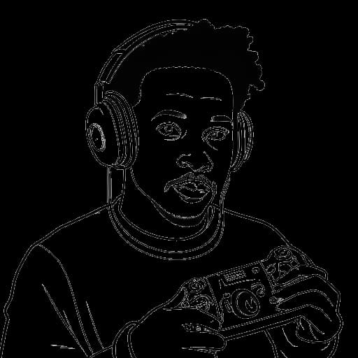 Line art drawing of a man representing Xavier Woods with a video game controller and a headset, highlighting his voice acting roles, set against a white backdrop.
