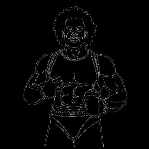 Line art drawing of a man representing Xavier Woods in wrestling attire with a champion's belt against a white backdrop.