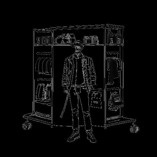 Illustrazione a linee di un uomo, che rappresenta Sneako, tra disegni di abbigliamento e una videocamera, con figure digitalmente connesse sullo sfondo, indicative delle sue iniziative e della sua influenza, su uno sfondo bianco.