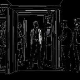 Schizzo di un uomo, che rappresenta Sneako, che conduce interviste e viene allo stesso tempo guidato attraverso una porta girevole, alludendo alle sfide della piattaforma, su uno sfondo bianco.