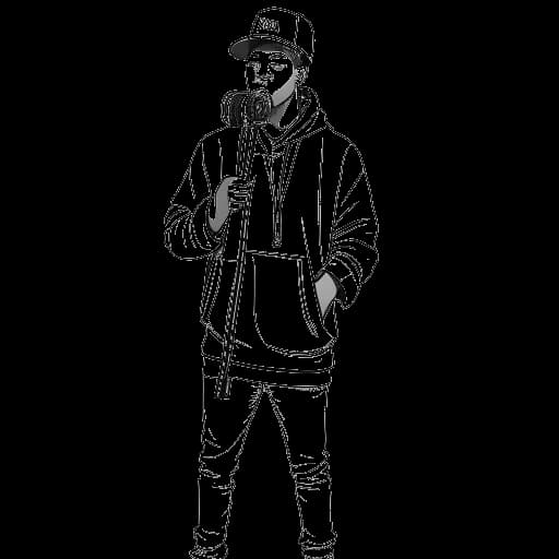 Desenho de linha de um homem alto, representando Sneako, conduzindo uma entrevista de rua, com um microfone na mão. Um tripé de câmera e ele em um moletom de streetwear ambientam a cena em um fundo branco.