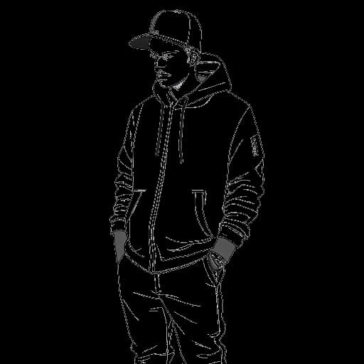 Desenho de arte linear de um homem representando o irmão de Sneako, administrando a marca de streetwear Quality Clothing