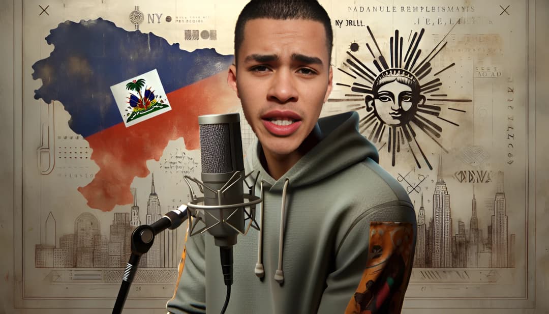 Sneako (Nico Kenn De Balinthazy), portant des vêtements de rue inspirés du NY Drill, se tient avec assurance avec un microphone dans un cadre abstrait qui évoque ses origines haïtiennes et philippines.
