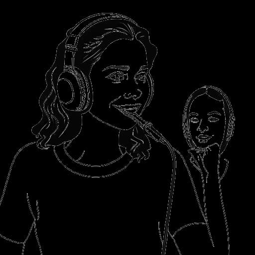 Desenho em arte de linha de uma mulher, representando Bobbi Althoff, conversando com celebridades em um podcast.