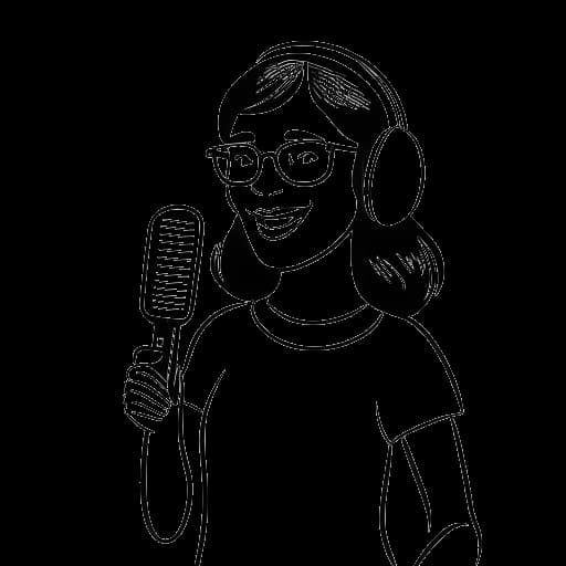 Dessin en ligne d'une femme représentant Bobbi Althoff, tenant un microphone, avec une bulle de BD contenant les mots 'The Really Good Podcast' et l'année '2023' en arrière-plan