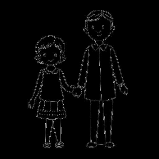 Line art drawing of a woman and a man, representing Bobbi Althoff and Cory Althoff, holding hands, with two dolls in front of them, symbolizing their daughters