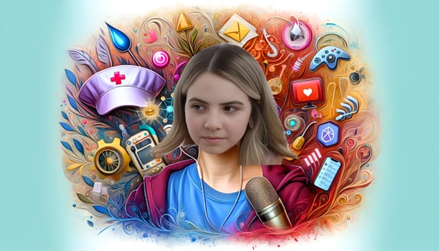 Bobbi Althoff, mid-20s influencer sporting a bald head, in a casual stylish attire, surrounded by an abstract background indicative of her life's journey, with a microphone and technology icons.