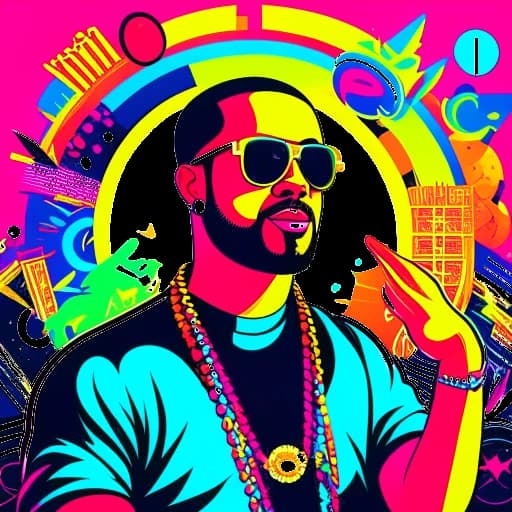 Uma ilustração dinâmica mostrando um homem incorporando Sean Paul, ativamente envolvido em várias fontes de receita, incluindo produção musical, possuir um selo musical e apoiar causas beneficentes, em um cenário que reflete reconhecimento mundial e influência positiva na comunidade.