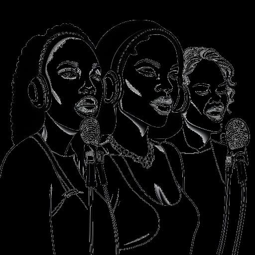 Desenho artístico de um homem, representando Sean Paul, com três microfones com os nomes Beyoncé, Rihanna e Sia.