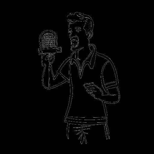 Desenho artístico de um homem, representando Sean Paul, segurando um microfone e um álbum intitulado 'Stage One'.