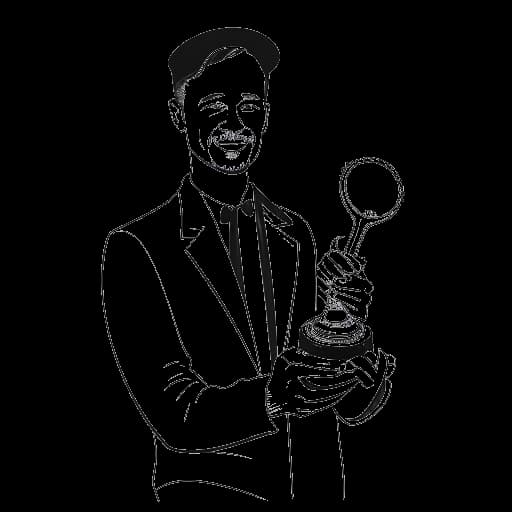 Desenho artístico de um homem, representando Sean Paul, segurando um prêmio Grammy e um álbum.
