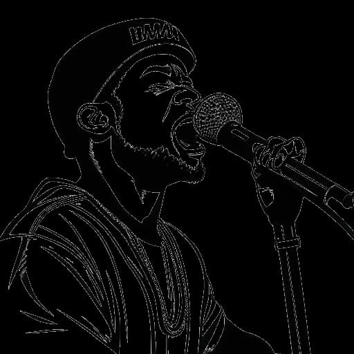 Desenho artístico de um homem, representando Sean Paul, improvisando em um microfone com as palavras 'Zim Zimma' ao fundo.
