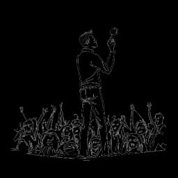 Line art drawing of a man, representing Elvis Presley, captivating a sold-out concert audience with his charisma, all against a white backdrop.